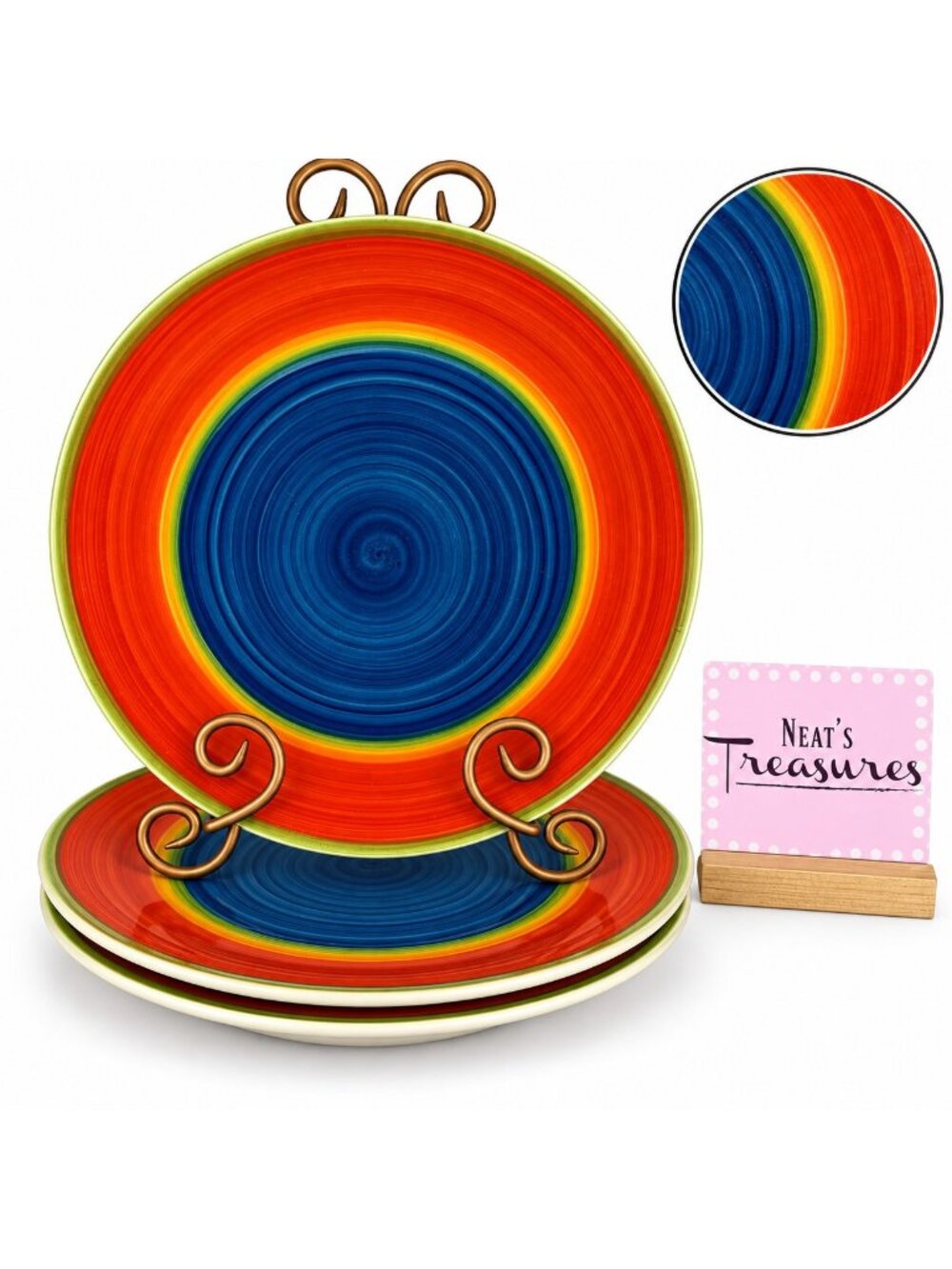Royal Norfolk MAMBO Greenbrier Blue Center Rings Stoneware Dinner Plates Set 3